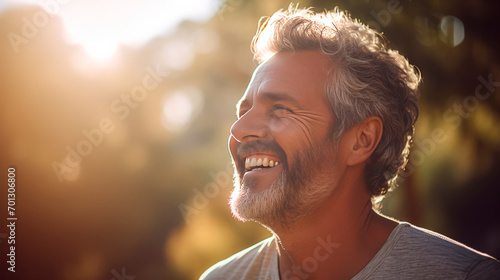 Senior trim man in gray t-shirt with neatly coiffed silver hair laughing and happy in the background of summer green outdoor garden. The health of the elderly. Joyful moments. Golden years photo