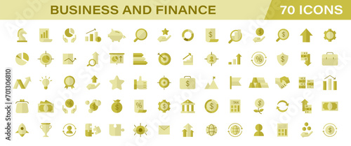 Business and finance color icons set. Corporate growth, market investment strategy. Profit analysis, global economy trends. Financial solutions, dynamic market analysis. Flat vector illustration.