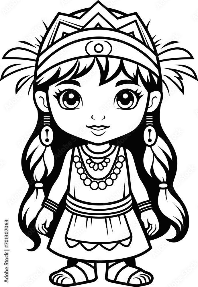 Fototapeta premium Beatiful Indian girl vector image, coloring page 