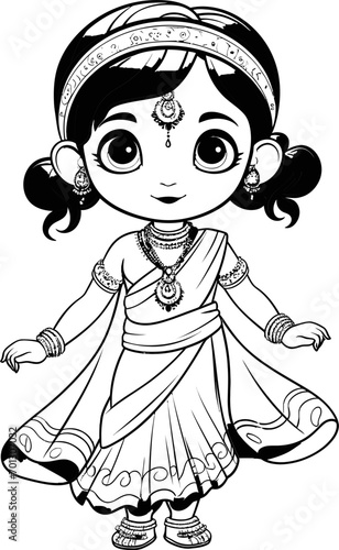Beatiful Indian girl vector image, coloring page 