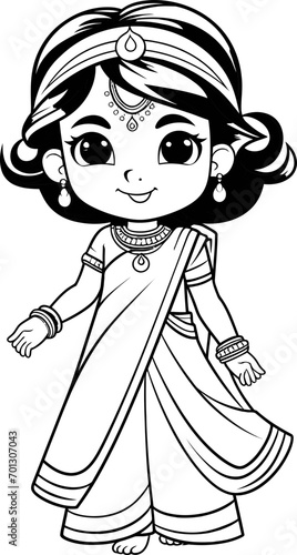 Beatiful Indian girl vector image, coloring page 