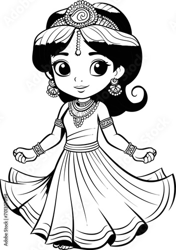 Beatiful Indian girl vector image, coloring page 