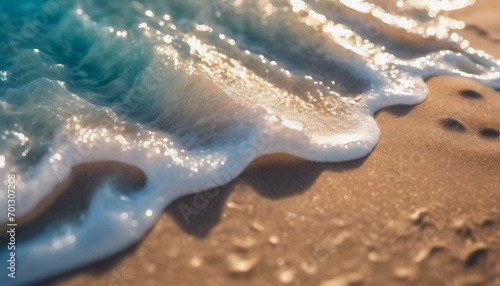 Spiaggia di Sabbia, Onde Trasparenti e Bagliori del Sole photo