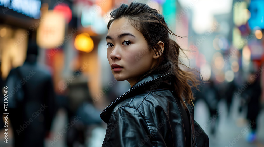 A woman navigating through a city in a leather jacket A woman navigating through a city in a leather jacket