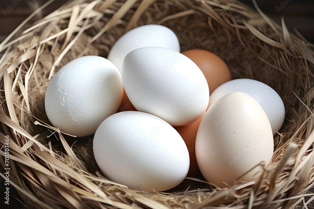 Zoom in on farm-fresh eggs nestled in a nest, showcasing the natural beauty of a staple farm product, background image, generative AI