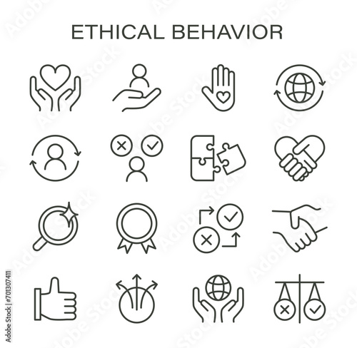 Ethical Behavior set. Principles of integrity and fairness in actions. Trust and responsibility icons. Compassion, global care, justice representation. Flat vector illustration.