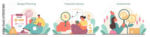 Financial Responsibility set. Detailed budget planning, mastering financial literacy, and making informed investments. Key concepts in financial education visualized. Flat vector illustration.