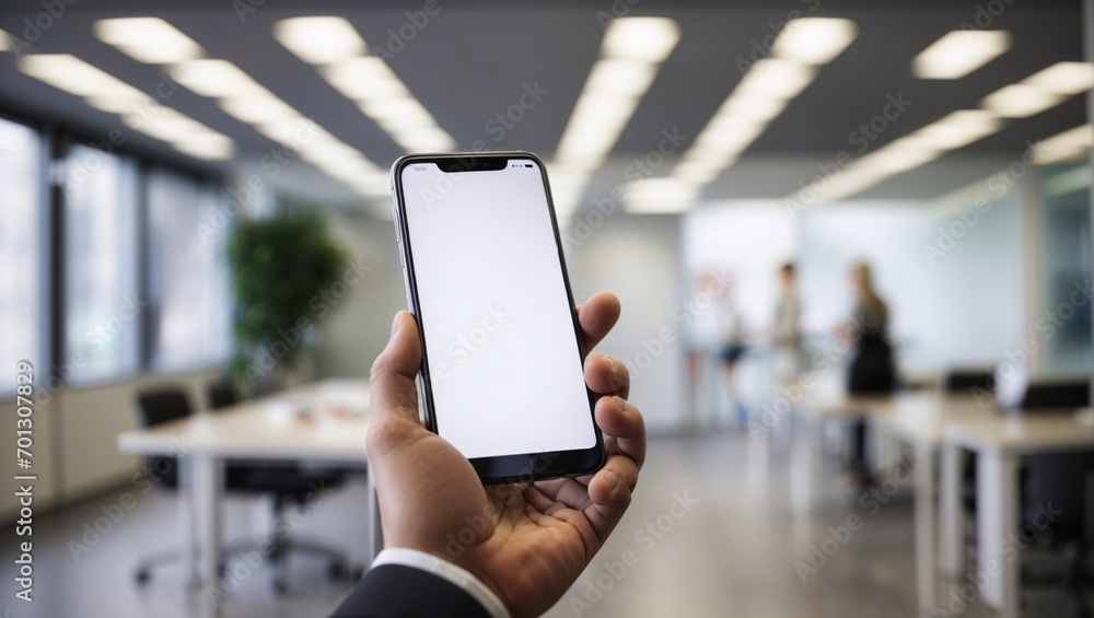 photo of a hand holding a smartphone with a plain white screen made by AI generative