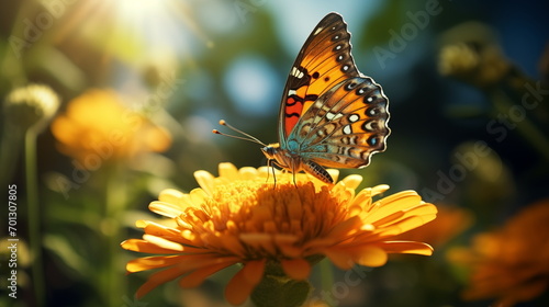 Butterfly on sun flower. AI Generative.
