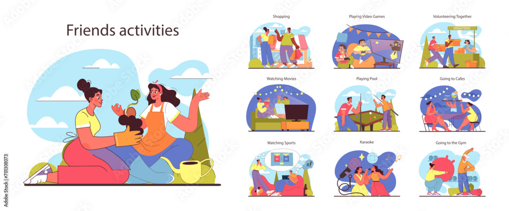 Friends activities set. From gardening and shopping to volunteering and gym workouts. Diverse indoor and outdoor bonding experiences. Shared moments of leisure and lifestyle. Flat vector illustration.
