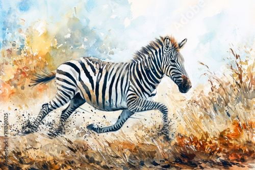 Portrait of a zebra running through the fields watercolor © Formoney