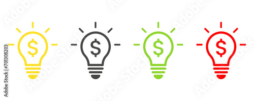 Dollar icon in light bulb set. Lamp with dollar icon. Vector illustration