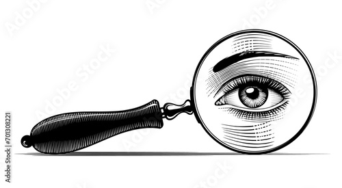 Magnifying glass with a woman's eye close-up isolated on white. Vintage engraving stylized drawing. Vector illustration photo