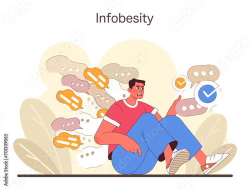 Infobesity concept. A person grappling with the stress of excessive data, illustrating the overwhelm of too much information. Challenges in managing digital consumption. Flat vector illustration