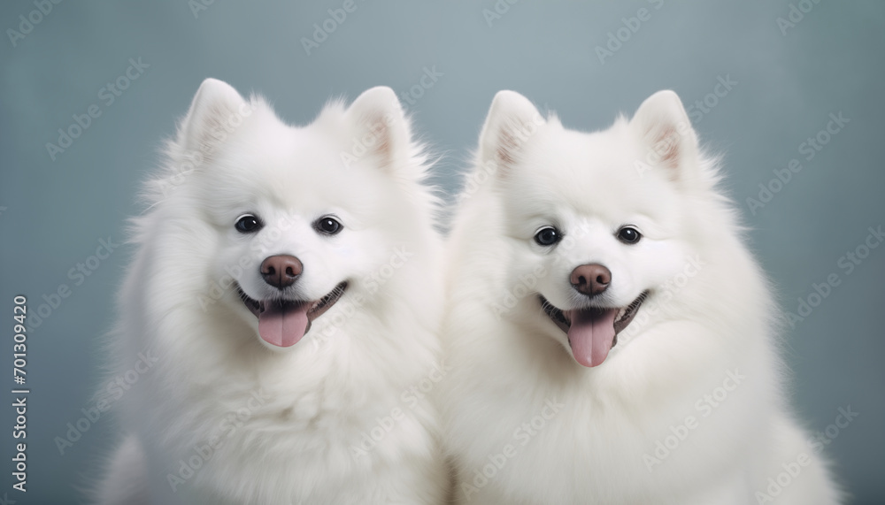 Fototapeta premium クローンのようにそっくりな2匹の白いポメラニアン