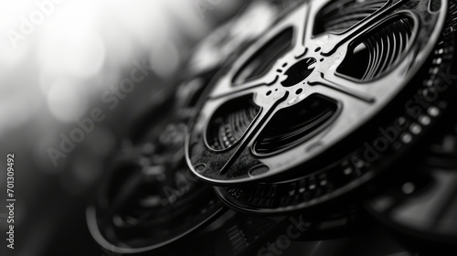 Close-up of a classic film reel in monochrome tones. photo