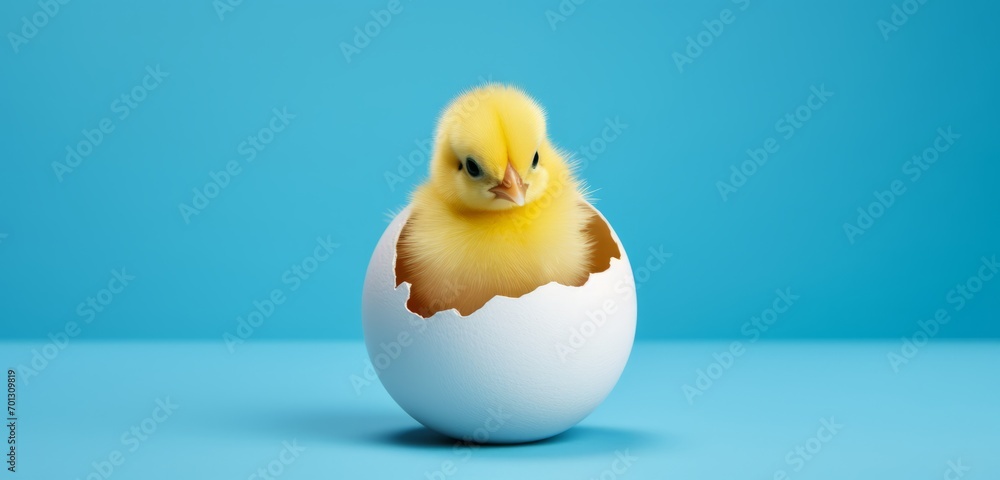 A small chicken in an eggshell on a blue background A small chicken in an eggshell on a blue background