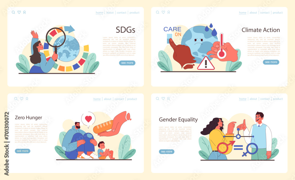 Web layout presenting SDGs, climate action, hunger elimination, and gender equality. Interactive elements for global initiative education. Emphasizing partnerships, solutions, and parity. Flat vector
