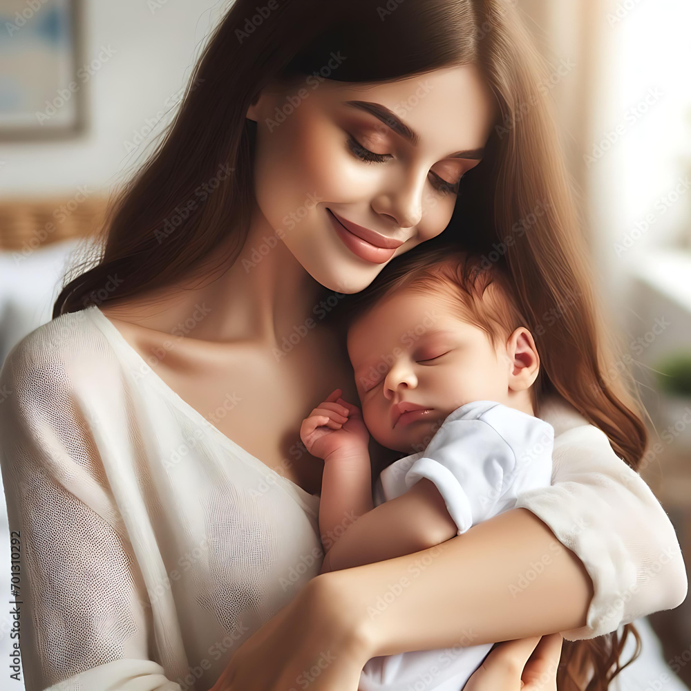 Loving mom carying of her newborn baby at home. Bright portrait of happy mum holding sleeping infant child on hands, Ai Generative