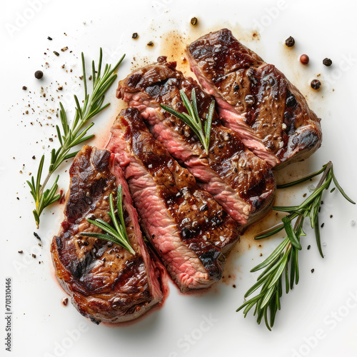 grilled steak with vegetables, pepper, and rosemary leaves. isolated on a white background