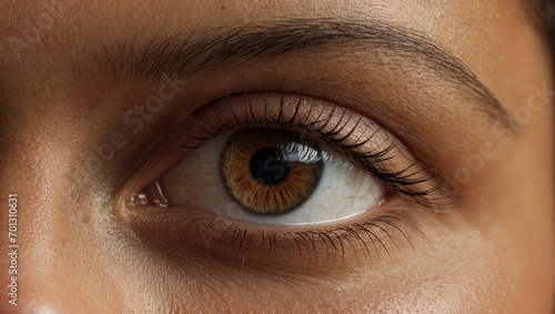 Close-up of a human eye, showcasing a detailed hazel iris, long eyelashes, and a partial view of the eyebrow, with skin texture and pores visibly clear.
