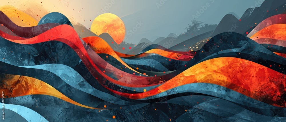 Abstract waves in a blend of red and blue, with sun and moon details ...