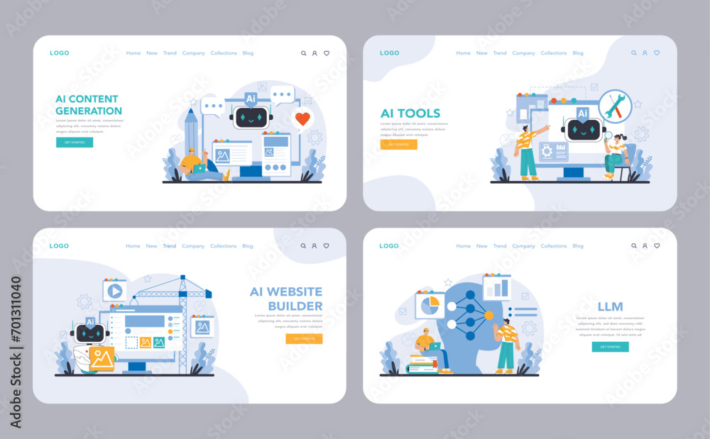 AI Tools web or landing page set. Showcases a range of AI applications for content, web development, and data analysis. Essential for modern digital solutions. Flat vector illustration.