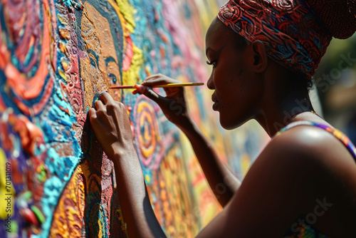 A woman artist creating a vibrant mural that pays homage to African culture and history photo