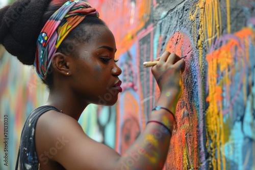 A woman artist creating a vibrant mural that pays homage to African culture and history photo