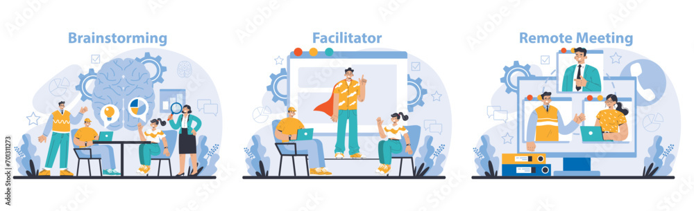 Business meeting set. Dynamic brainstorming sessions, skilled facilitation, and effective remote meetings. Collaboration and creativity in the digital age. Flat vector illustration. - obrazy, fototapety, plakaty 
