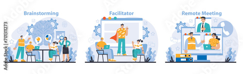 Business meeting set. Dynamic brainstorming sessions, skilled facilitation, and effective remote meetings. Collaboration and creativity in the digital age. Flat vector illustration.