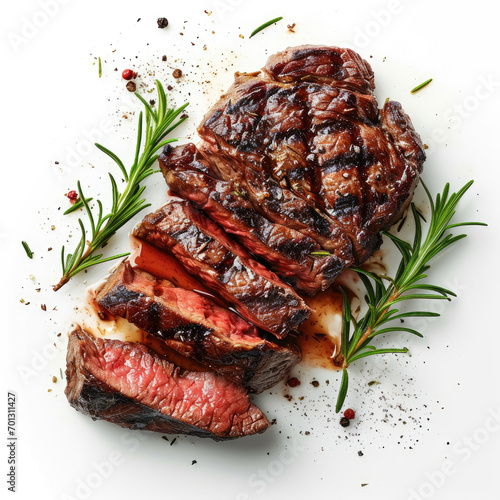 grilled steak with vegetables, pepper, and rosemary leaves. isolated on a white background