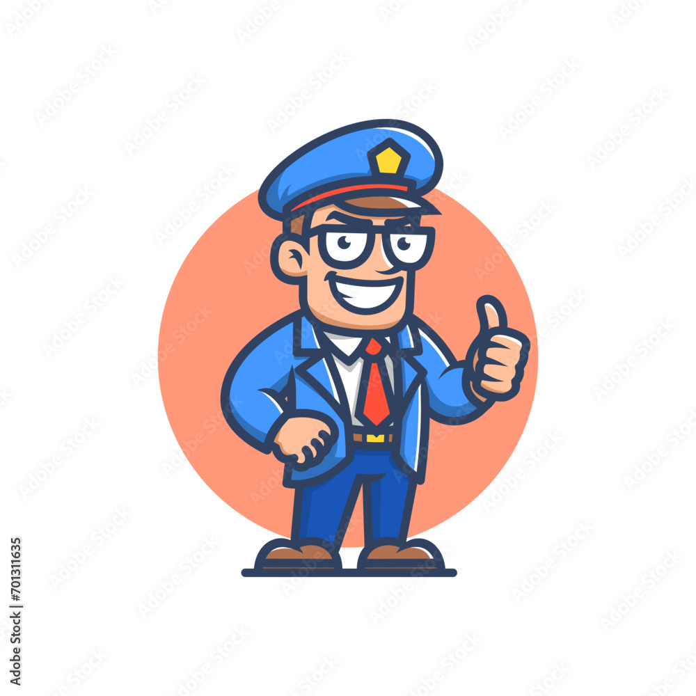 Retro police mascot cartoon illustration. Man in police officer suit with a thumbs-up pose. Vector illustration.
