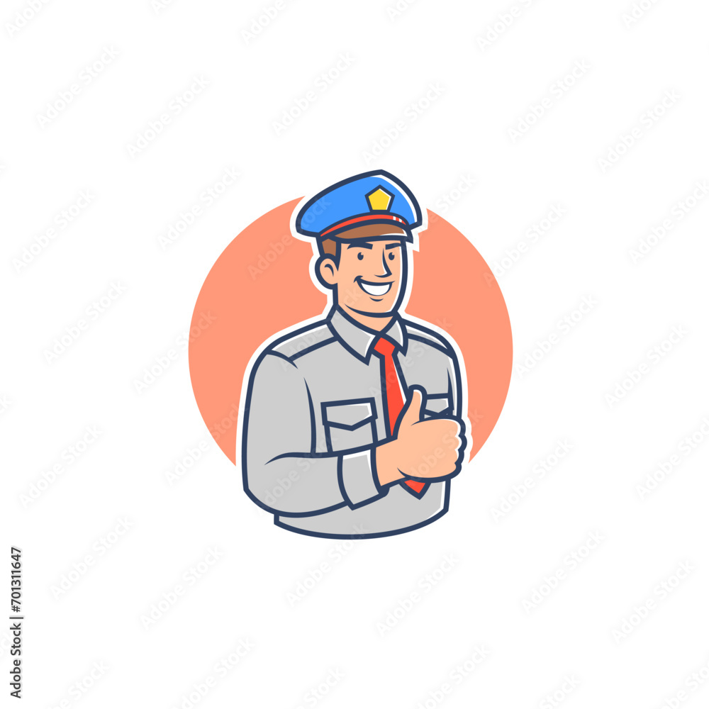 Retro police mascot cartoon illustration. Man in police officer suit with a thumbs-up pose. Vector illustration.