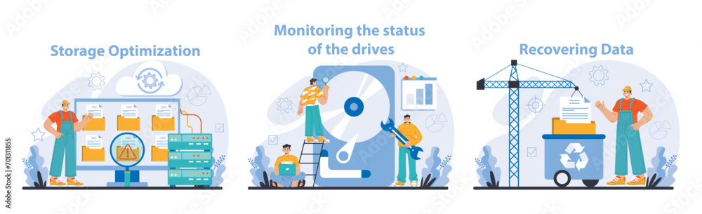 Data Storage management set. Enhancing server efficiency, ensuring drive health, and robust data recovery. Technical processes for optimized storage solutions. Flat vector illustration.