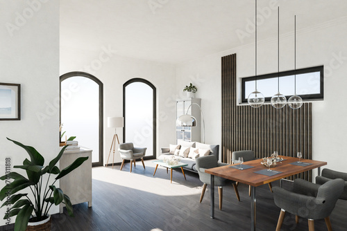 luxurious loft apartment with floor-to-ceiling windows and panoramic view; modern minimalistic interior design of living room and dining room area; bright daylight; 3D rendering