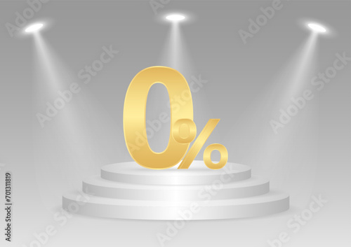 Zero Percent or 0% on Stage Podium. 0% Sale Discount or Commission. Vector Illustration.