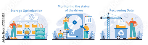 Data Storage management set. Enhancing server efficiency, ensuring drive health, and robust data recovery. Technical processes for optimized storage solutions. Flat vector illustration.