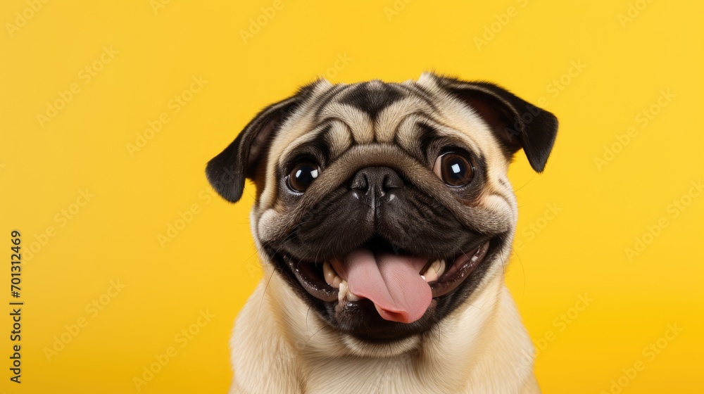 Funny pug dog with tongue out on yellow background, closeup