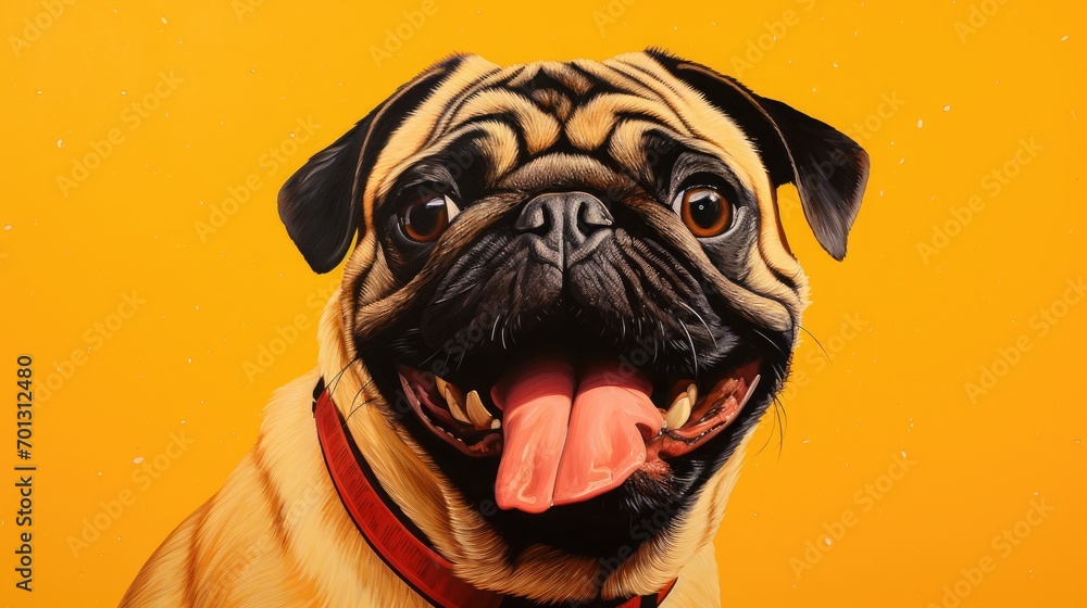 Pug dog with tongue out on yellow background. Studio shot.
