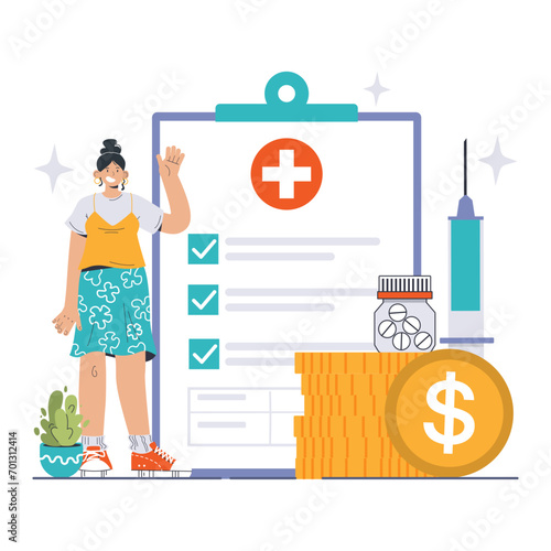 Co-payment concept. A cheerful individual gestures to a checklist, with healthcare symbols and a money pile, indicating cost-sharing in medical expenses. Flat vector illustration