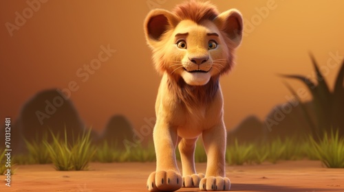 3D rendering of a lion standing in the middle of the field