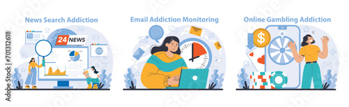 Internet addiction set. Illustrations capture the fixation on news updates, email checking, and online gambling, questioning the cost of constant connectivity. Flat vector illustration.