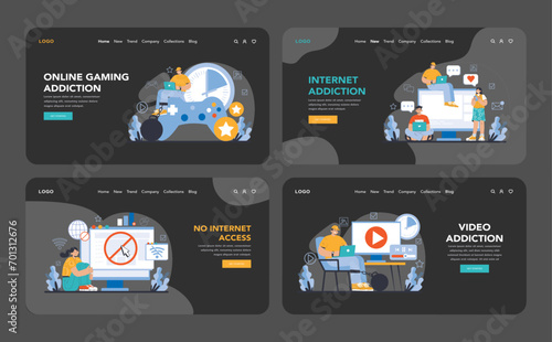Internet addiction night or dark mode web or landing page set. Various facets of internet addiction, from gaming and videos to the lack of access, showcasing the spectrum of digital entrapment.