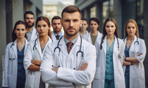 Photo of a doctor team standing at a hospital with their arms crossed