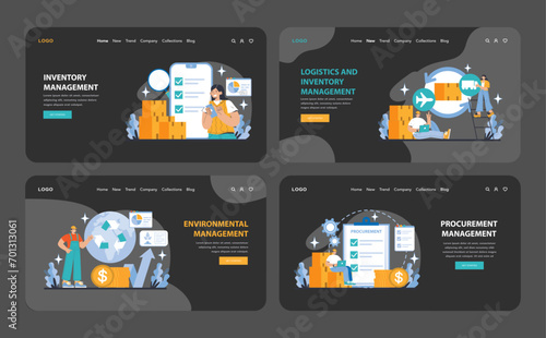 Logistics and Inventory Management night or dark mode web or landing page set. Depicts key areas of inventory, logistics, environmental, and procurement management with interactive digital layouts.