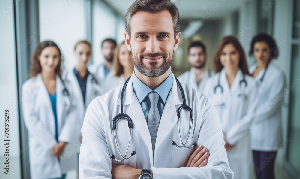 Photo of a doctor team standing at a hospital with their arms crossed Photo of a doctor team standing at a hospital with their arms crossed