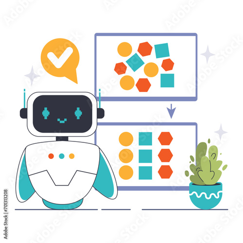 Data classification concept. A friendly robot engages in machine learning, effectively sorting diverse shapes for smarter technology. Flat vector illustration