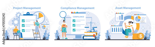 Management and Support set. Project checkpoints, compliance adherence, and financial asset oversight in business operations. Strategy execution and regulatory alignment depicted. vector illustration. photo