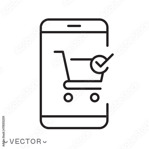 online shopping icon, shop on mobile, digital commerce app on phone, thin line symbol on white background, editable stroke eps 10 vector illustration